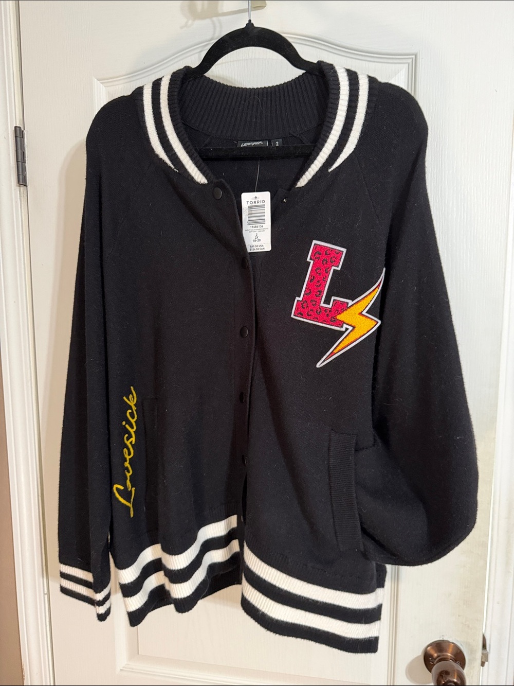 Torrid Black Bomber Sweater with Pink Leopard Letter Patch